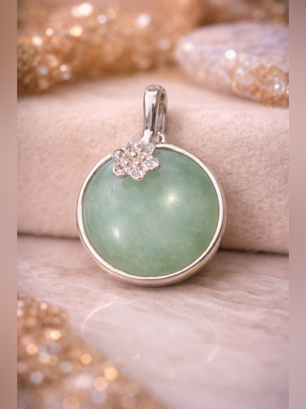 VINTAGE Jadeite Jade Pendant • Silver Tone Floral Bail • Soft Green Luck Amulet